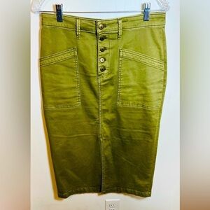 Anthropologie Olive Green Cargo Denim Pencil Skirt Midi Length Size‎ 6